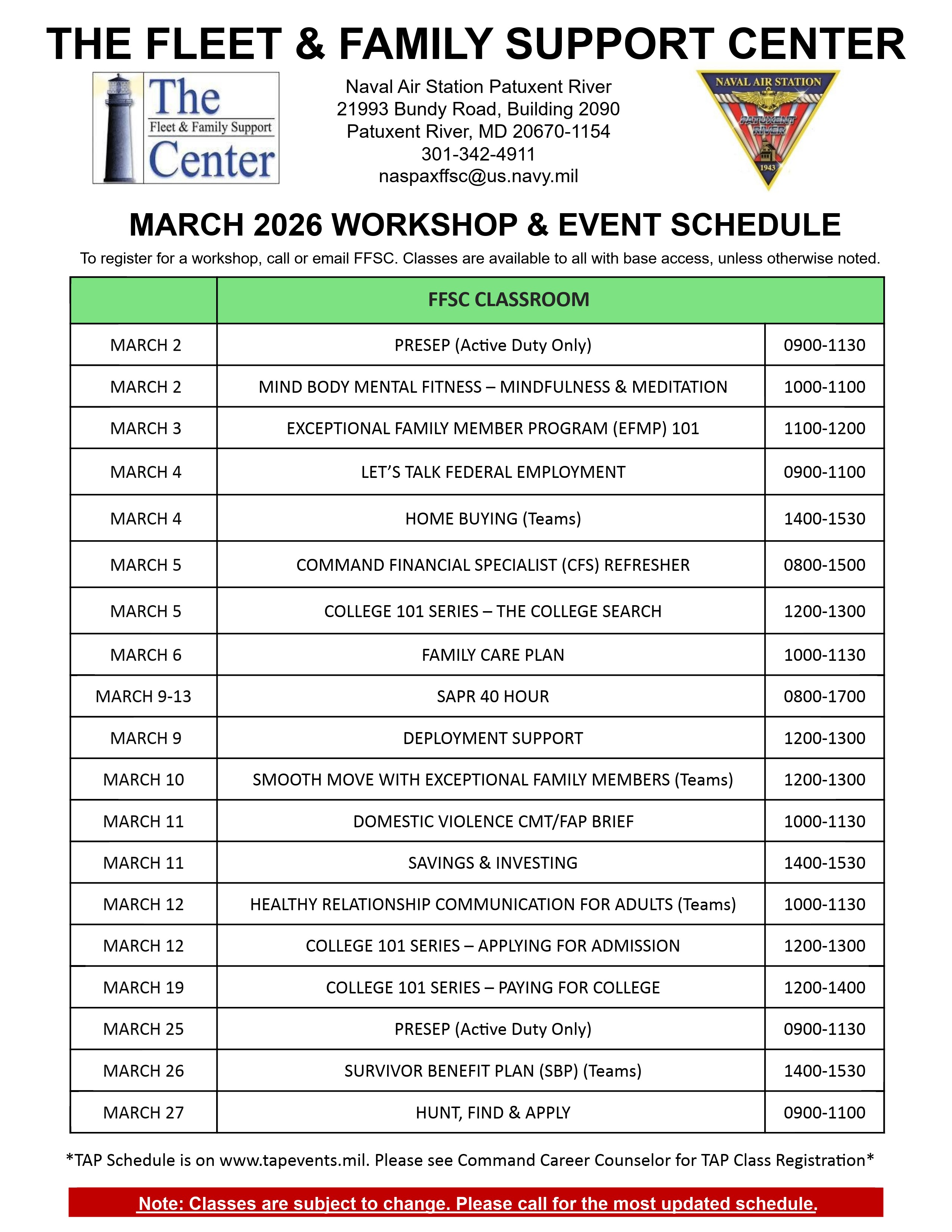 FFSC March Workshop Schedule