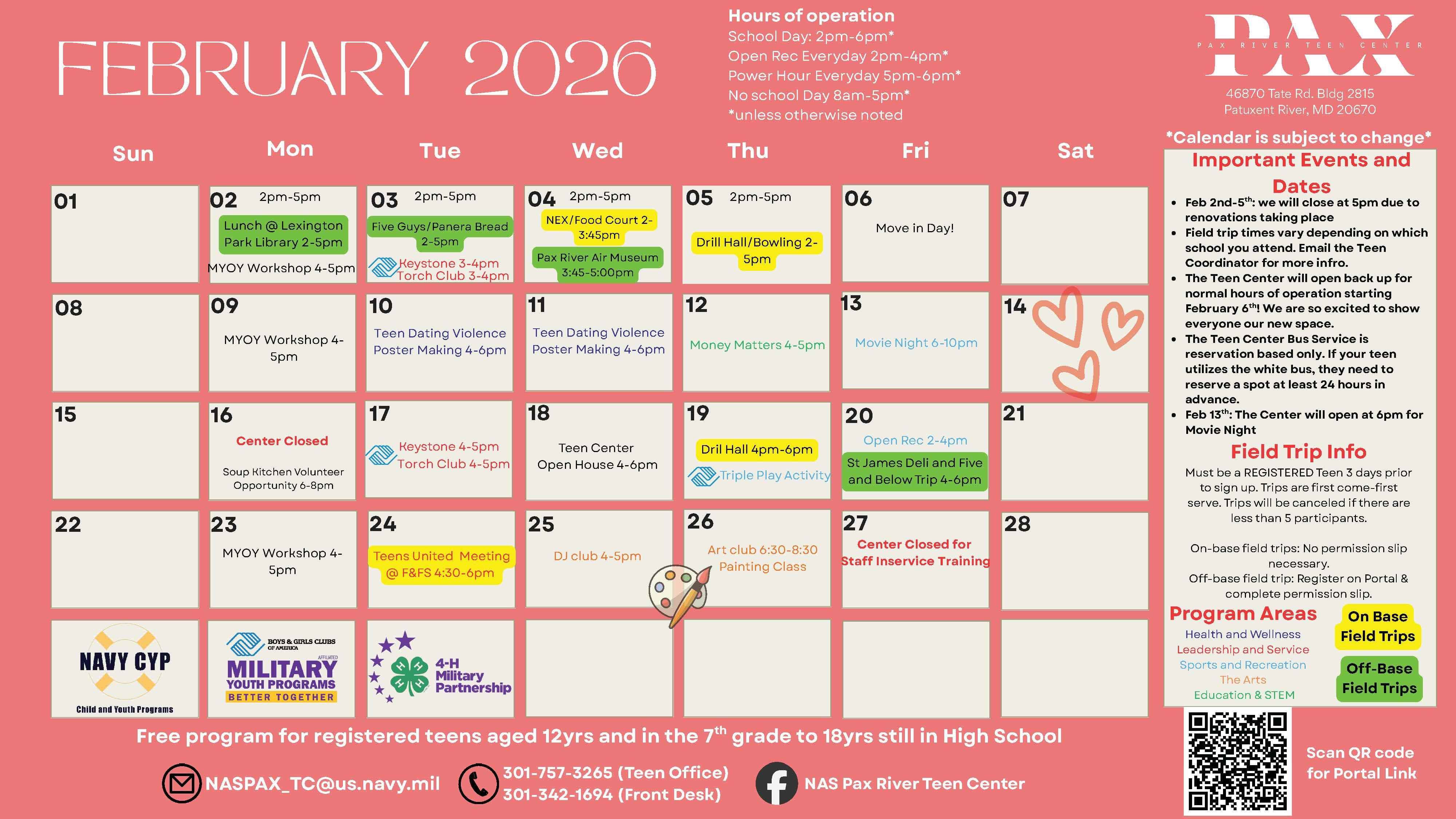 January 2025 calendar listing Teen Center events