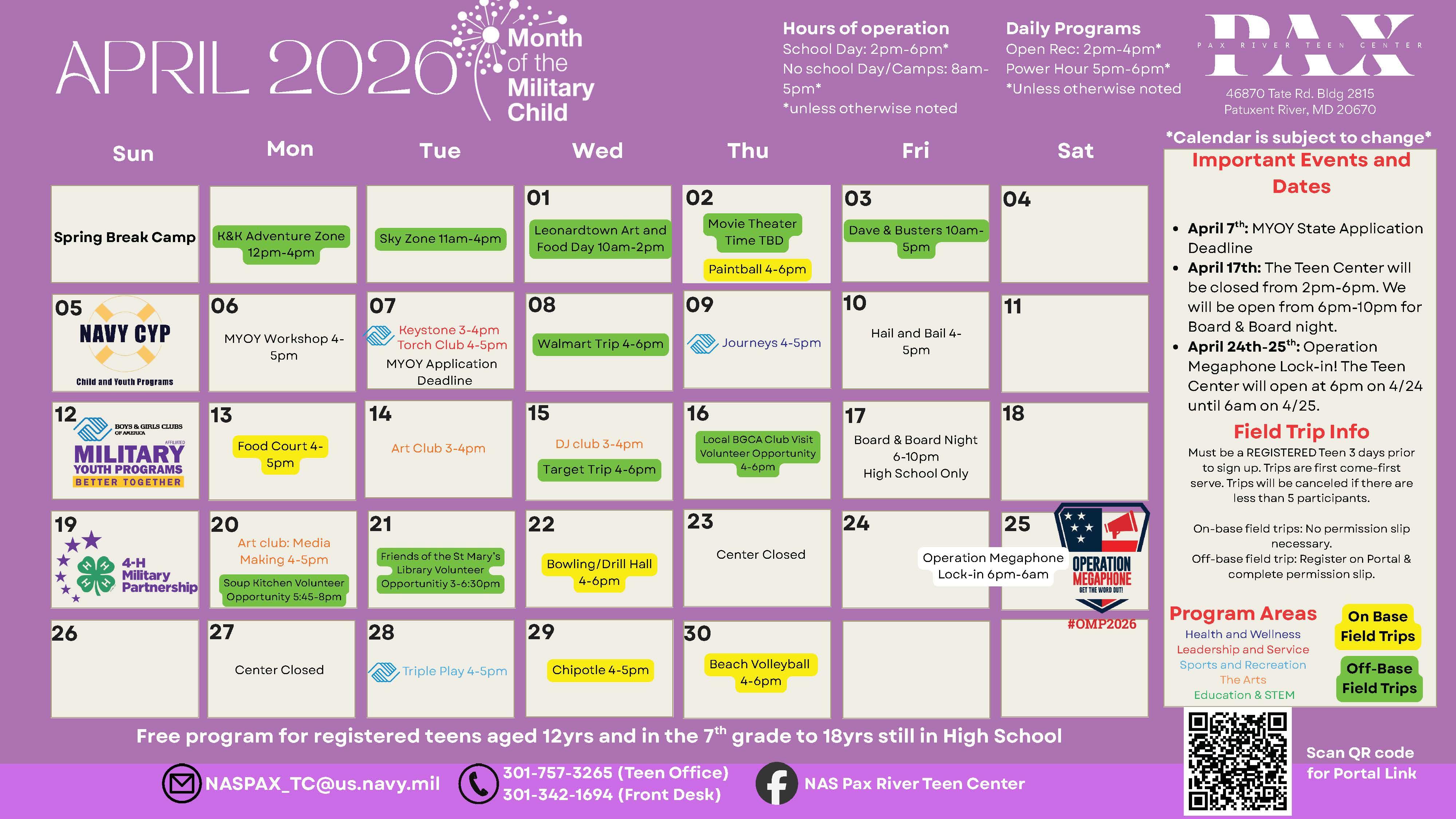 April 2026 calendar listing Teen Center events