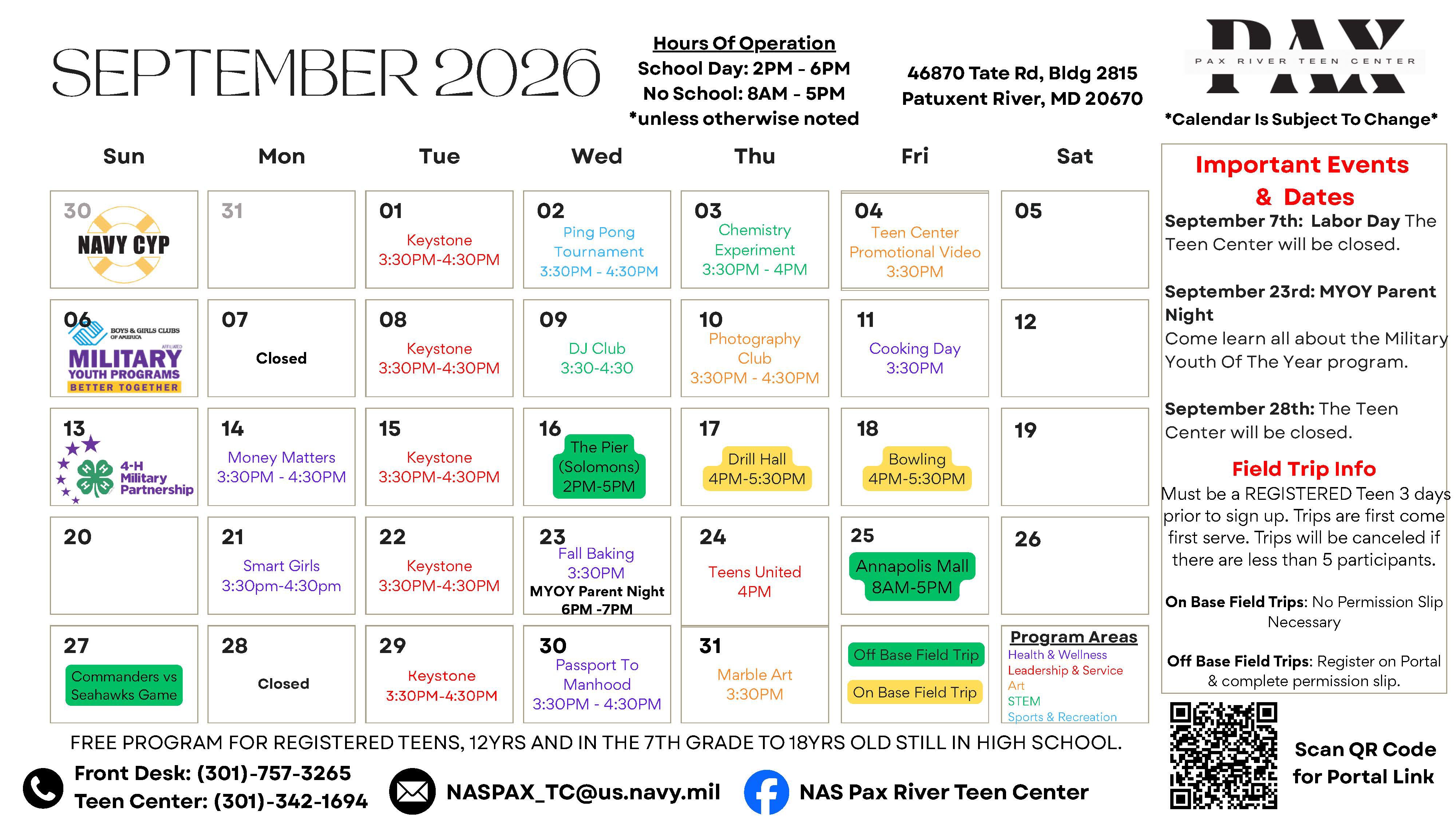 Teen Center Calendar of Activities for September 2026