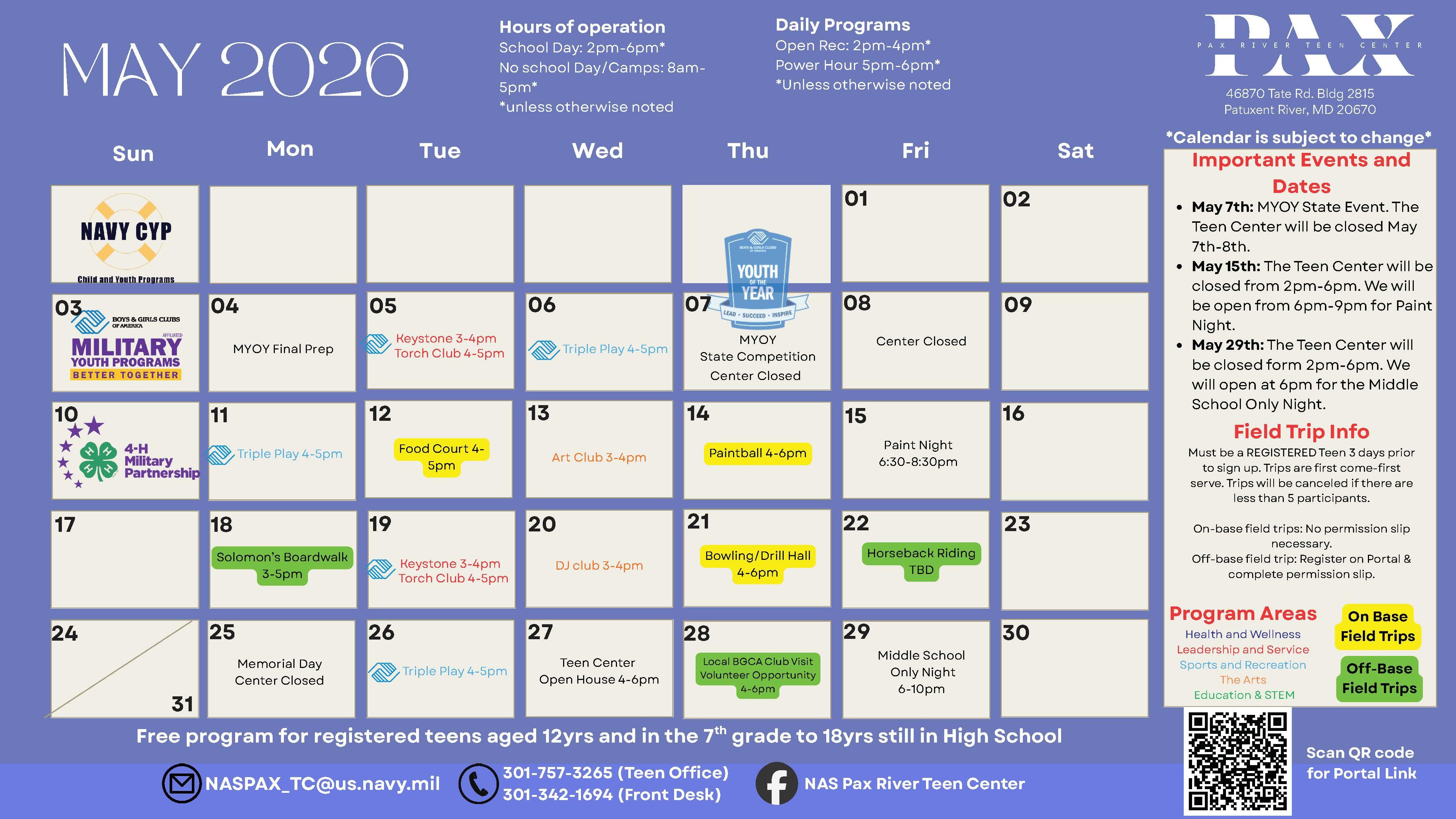 May 2026 calendar listing Teen Center events