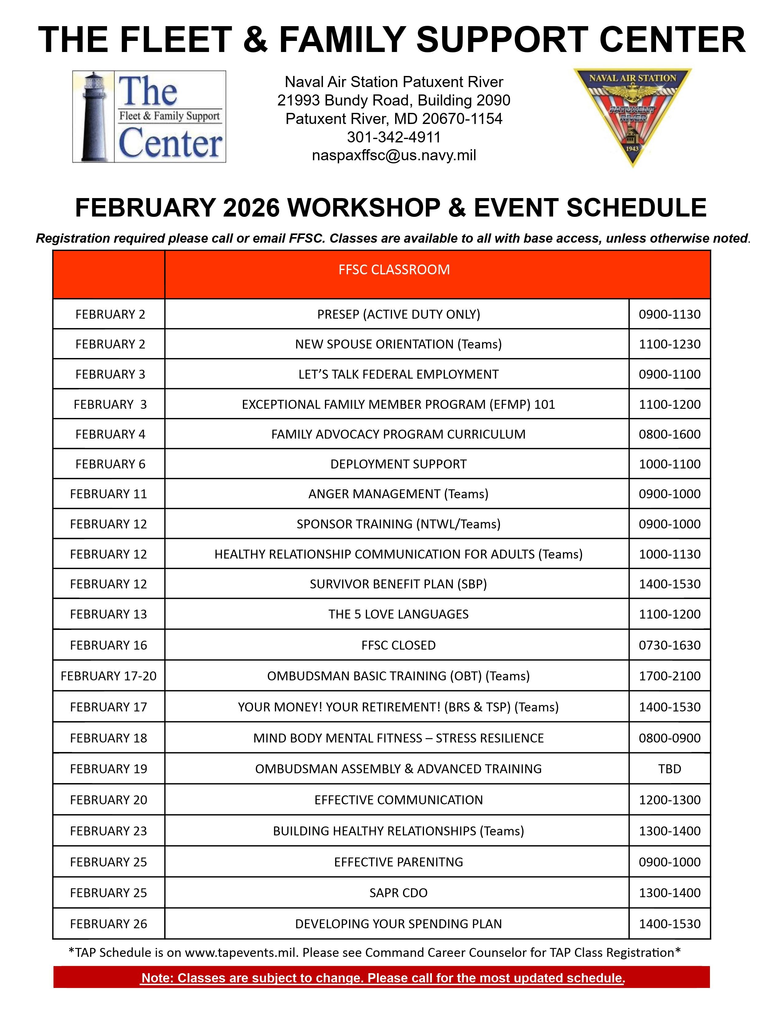 Fleet and Family Support Center list of events for February 2026