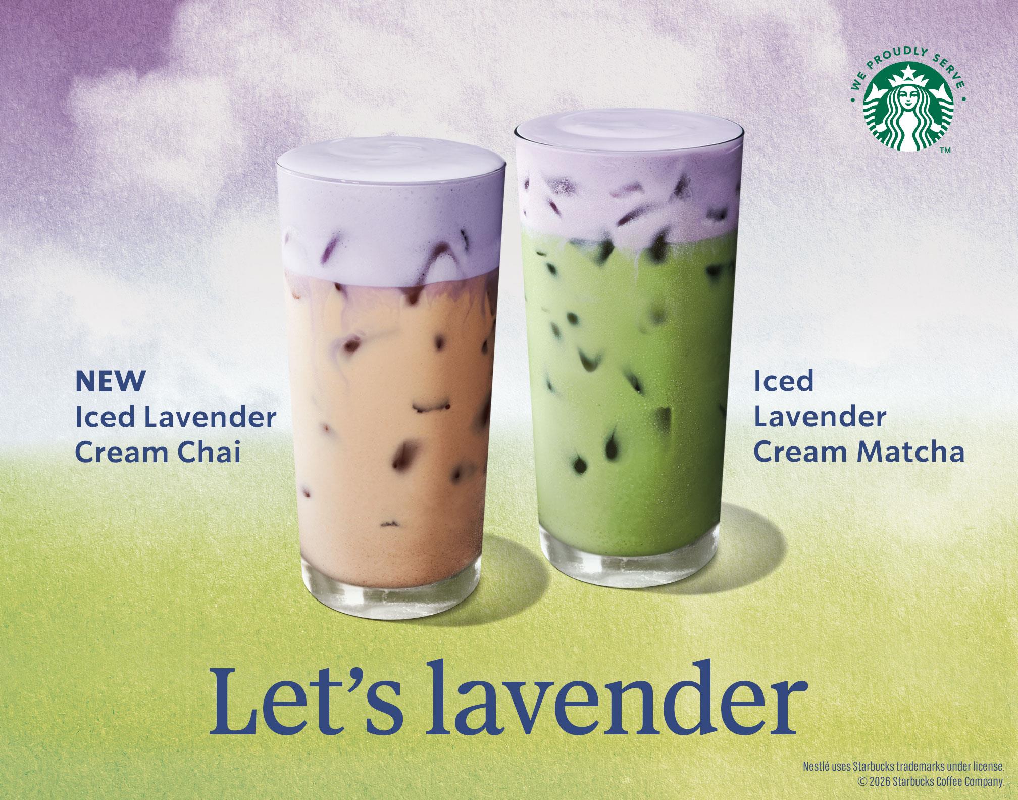 Picture of Iced Lavender Cream Chai and Iced Lavender Cream Matcha Starbucks beverages